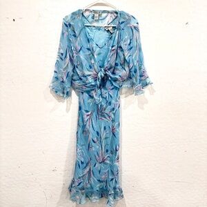 Y2K Robbie Bee Silk Sequined Dress Womens 8 Floral Embroidered Midi 2 Piece Set